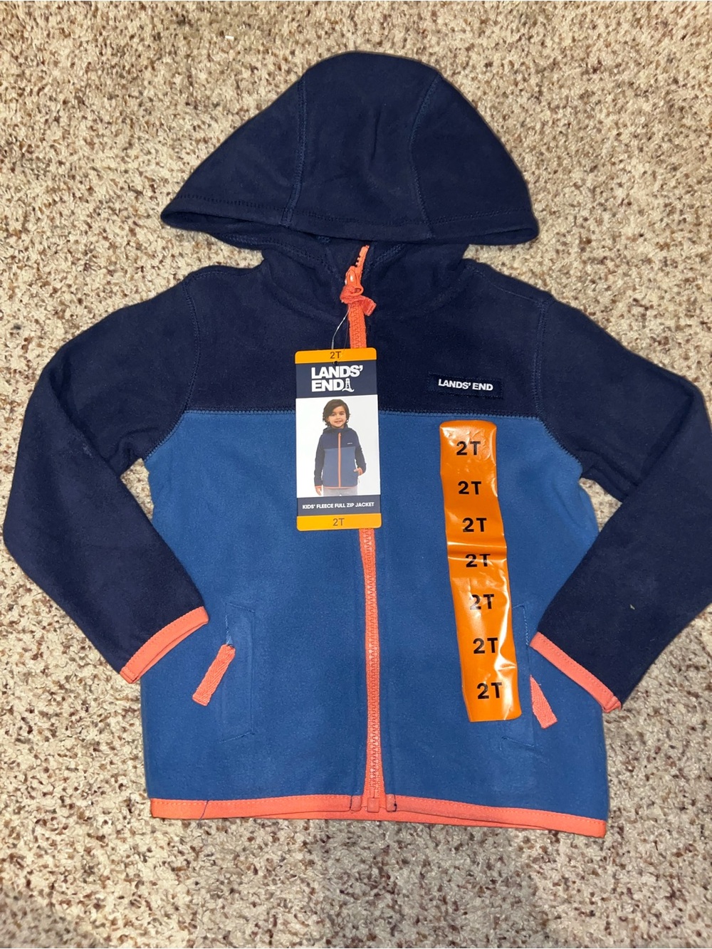 Lands' End Toddler Hooded Fleece Jacket in Navy, Blue & Orange Trim 2t